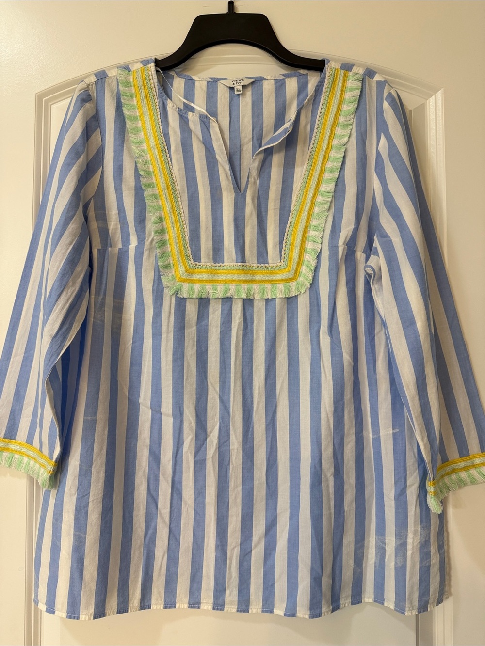 crown & ivy Blue and White Striped Tunic with Yellow Trim